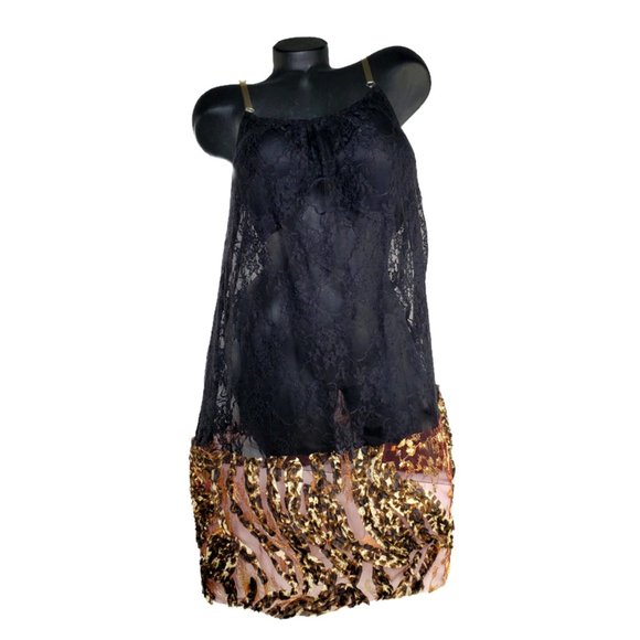 Black Lace  Slip Dress with Sheer Leopard Ruffles Extender. - Picture 2 of 5